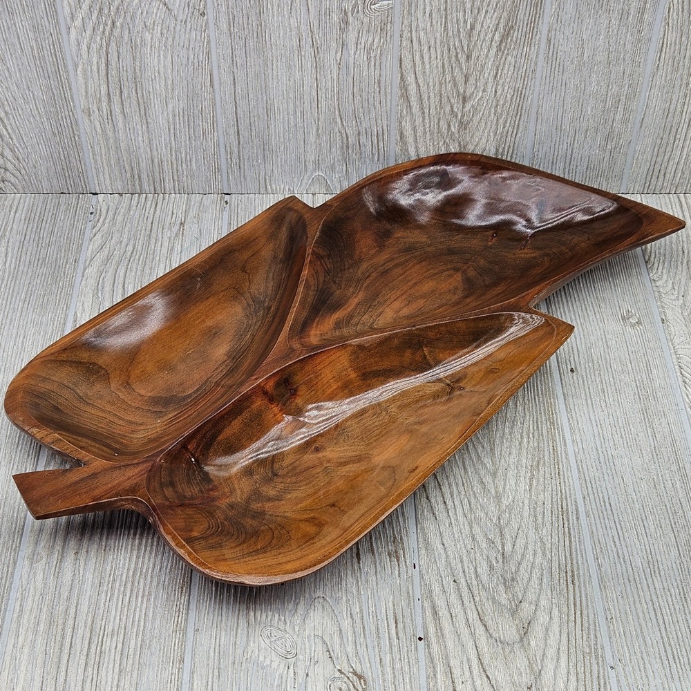 Vintage Hand Carved Wood Leaf Serving Tray 3 Compartment Mexico Nut Dish